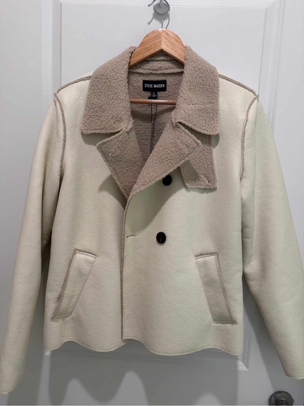 NWT Steve Madden LIV Faux Shearling Double Breasted Coat Ivory Size L - Picture 3 of 6